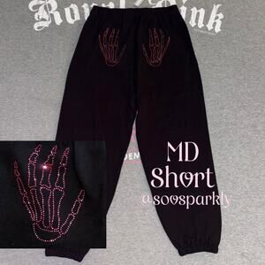 VS PINK Rhinestone Bling Pure Black Halloween Skeleton Hands Campus Sweatpants